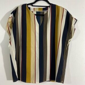 Unbranded Striped Blouse Women Size L Navy Mustard White V-Neck Cap Sleeve Good